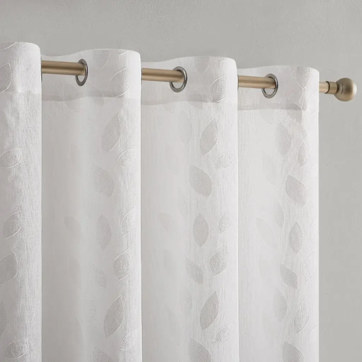 Cortina Transparente Jacquard Folhas Branco 140x265 - Camaltex